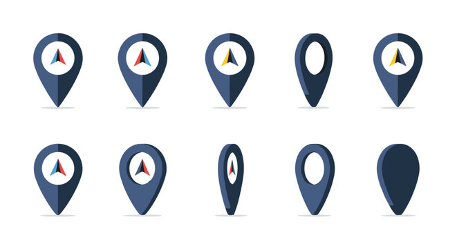 Set of dark blue map pin icons showing a location marker rotating in 3D with various arrow symbols in the center for GPS navigation apps.