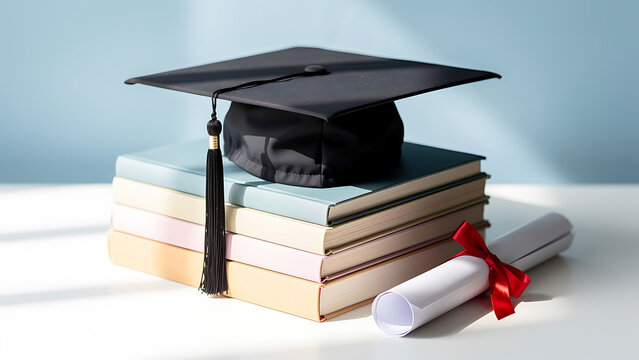 Black graduation cap resting on a stack of books with rolled diploma. Academic achievement and success concept. Higher education completion and university graduation ceremony celebration.
