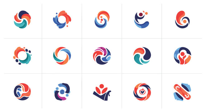 Collection of fifteen modern abstract logo designs using circular shapes and vibrant colors to represent unity, motion, and organic growth.