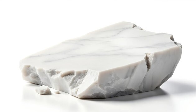 Large chunk of white marble stone with grey veining and rough broken edges, isolated on a white background, providing a natural flat surface suitable for a product mockup base.