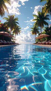 Tropical resort pool with palm trees.