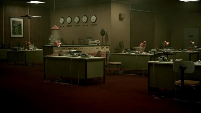 Vintage FBI office interior with multiple wall clocks, desks, and classic investigative equipment.