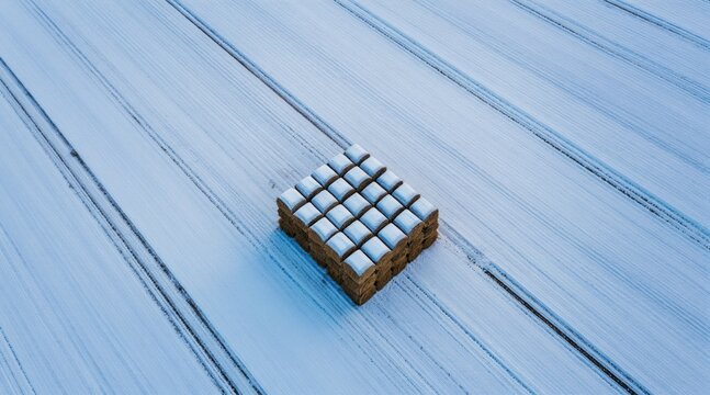 Aerial view of straw bales stacked in a snow covered field. Agricultural tillage tracks are visible under the winter snow. Peaceful rural landscape.