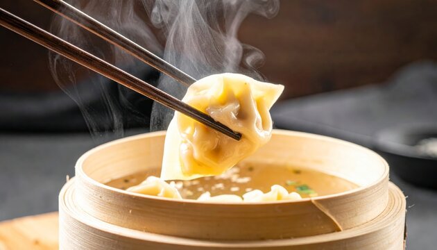 Close up shot of chopsticks lifting a steaming juicy soup dumpling from a warm broth bowl