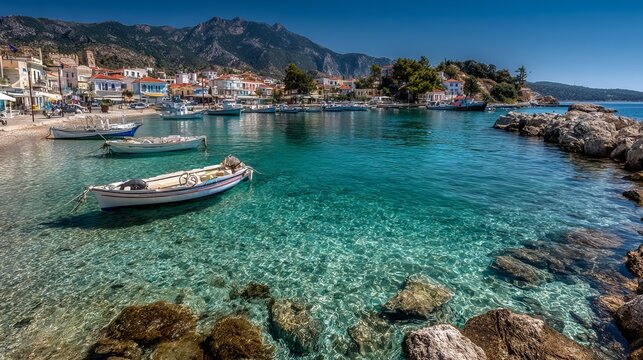 Kokkari village, a Greek fishing spot on Samos island, shows a lovely beach.