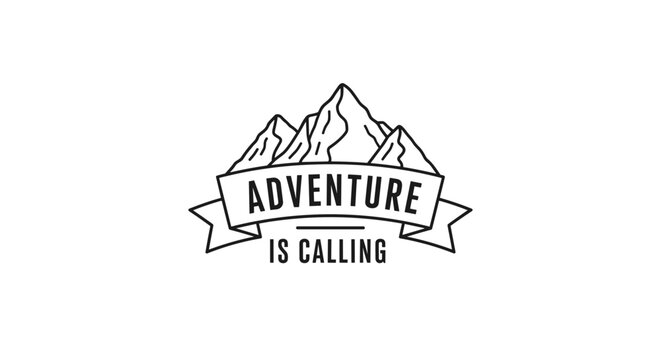 Rugged outdoor adventure logo featuring a mountain range silhouette with the text adventure is calling on a decorative banner.