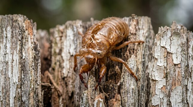 Extreme Macro Close Up of a Translucent Cicada Shell on Weathered Wood