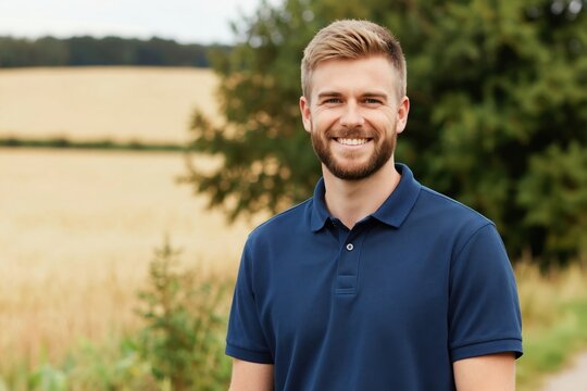 Blond man with beard smiles in blue polo shirt. Person stands outside in green field with trees. Young guy looks happy, confident, and cheerful on a sunny day.