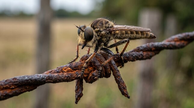Close Up of a Robber Fly on Weathered Rusted Barbed Wire