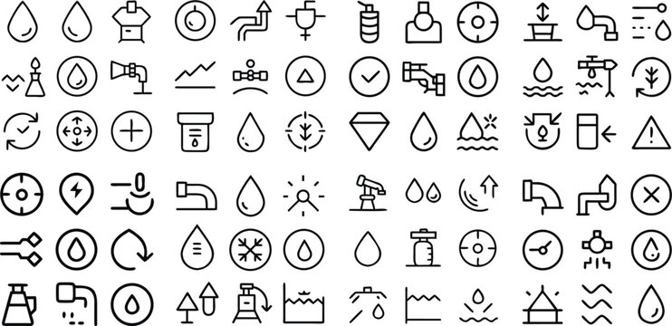 Collection of clean, minimalist, and versatile water-related icons in a line-art style, perfect for representing diverse applications.