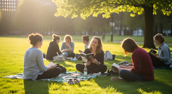 Group of young people studying outdoors in a park during golden hour sunset reading books