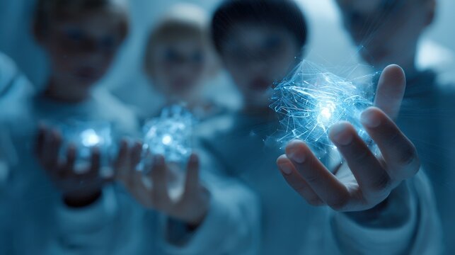 A group of individuals focuses intently on glowing orbs of energy, a stunning visual of the future or some sort of new discovery. ..Created with Generative AI, not depicting real subjects.