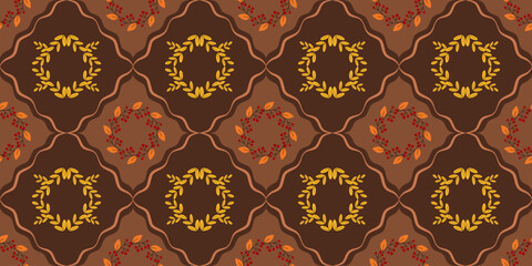Simple fall pattern with abstract autumn leaf design. Seamless background featuring leaves and acorn textures. Cozy border elegant forest season motif with vintage wrapping. © alia.kurianova