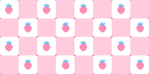 Flower pattern strawberry gingham pastel spring and summer berry line seamless. Vector design retro fruity theme with blue plaid seed motif. Repeat daisy pink childish lines red leaf. © alia.kurianova