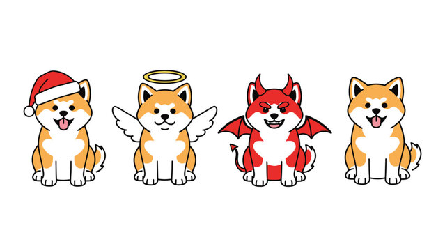 Group of four shiba inu dog characters dressed as a santa, an angel, and a devil alongside a standard happy pose.