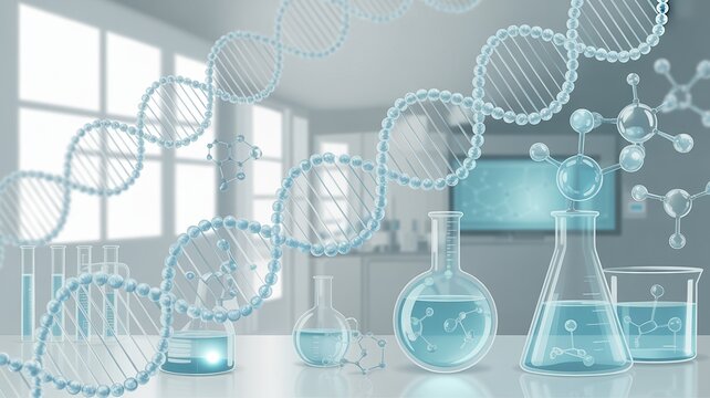 Large DNA Helix and Laboratory Glassware in Futuristic Medical Research Lab Illustration