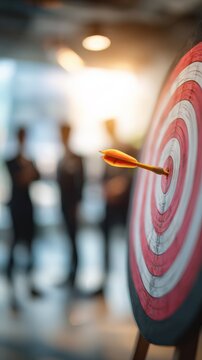 An arrow pierces the center of a target, symbolizing precise aim, focus, and strategic goal achievement. ..Created with Generative AI, not depicting real subjects.