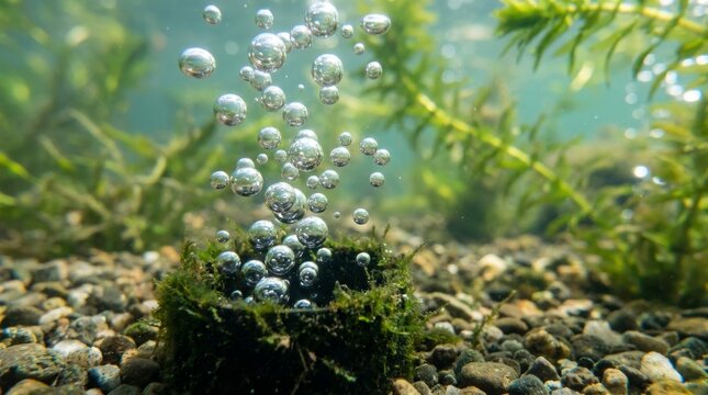Air bubbles rising from a mossy nest on the gravelly bottom of a clear river with green aquatic plants.