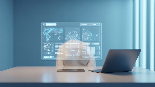 Futuristic Holographic Data Dashboard Floating in Modern Office Workspace