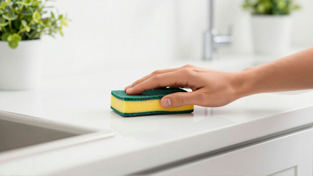 Close-up of a hand using a yellow sponge to clean a white kitchen countertop. Minimalist image highlighting domestic hygiene and housework in a bright, modern interior