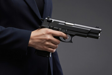 Naklejka premium A person in a suit holds a handgun. The focus is on the weapon and the hand, suggesting danger or defense. The image evokes themes of power and threat.