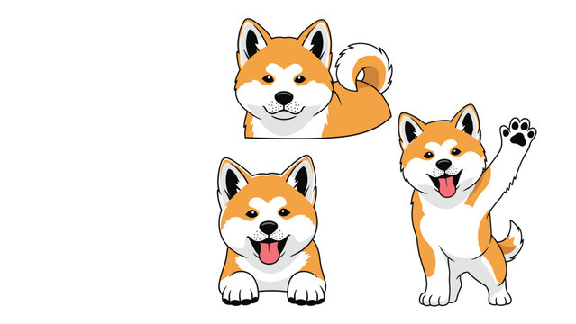 Set of three shiba inu puppy characters featuring a puppy sitting, one lying down, and another waving its paw joyfully.