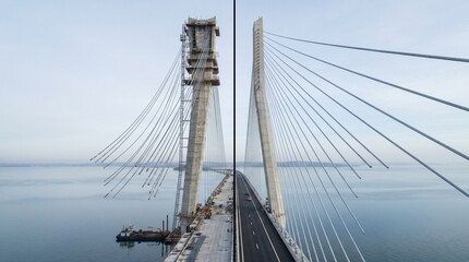 Obraz premium Suspension Bridge Construction Progress Before After Transformation Aerial View