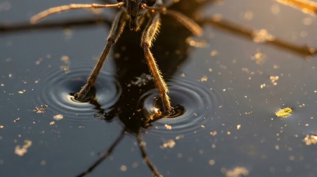 Extreme macro close-up of a water strider insect skating on the water surface with visible surface tension ripples and golden sunlight reflection.