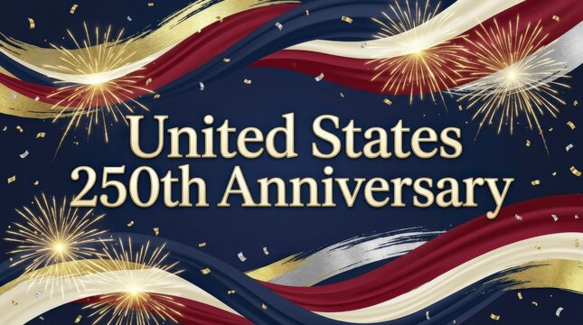 United States 250th Anniversary Banner with Fireworks and Patriotic Wavy Ribbons.