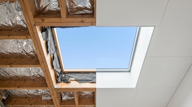 Skylight Construction and Finished Interior Before After Comparison