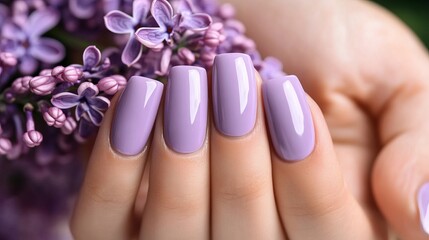 Fototapeta premium Charming feminine hands adorned with lilac blooms, showcasing an exquisite lavender manicure design.