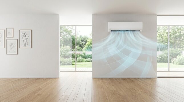 Efficient Air Conditioner Cooling Modern Home Interior with Garden View.