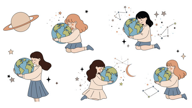 Collection of diverse young girls hugging the earth planet with care and love among bright stars planets and moons.
