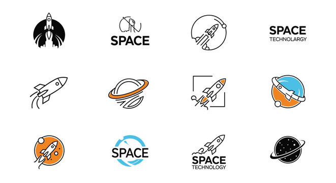 Space technology logo set featuring rockets, planets, and orbits for aerospace companies and astronomy clubs.