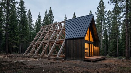 Obraz premium A-frame house construction in forest, showing wooden frame and partially built exterior.