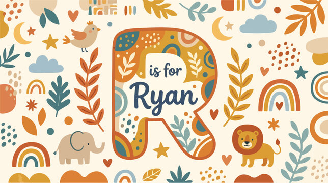 Vibrant baby sign name design featuring an elephant with 'is for Ryan' surrounded by colorful illustrations of animals, rainbows, and leaves on a cream background with a joyful and playful