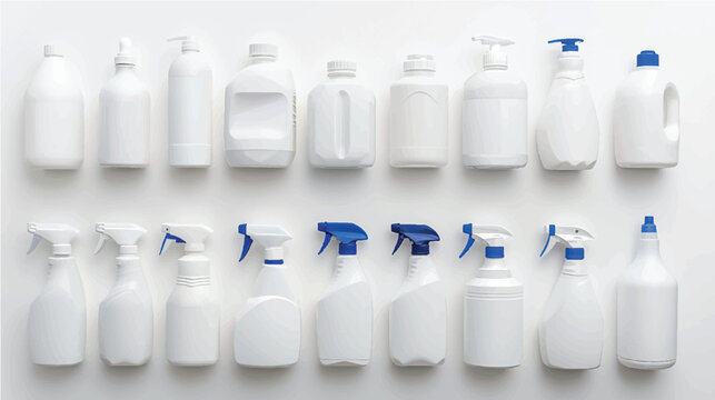 Blank white plastic bottles of dairy milk and liquid health beverages with blue caps are isolated as clean product packaging containers