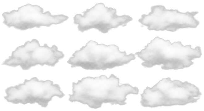 Collection of nine isolated white fluffy cumulus clouds arranged in a grid pattern against a solid black background