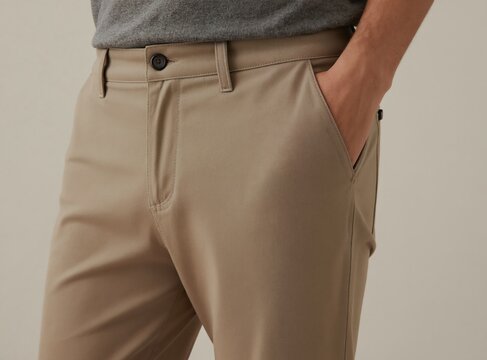 Man wears light brown chino pants and grey t-shirt. Hand rests casually in pocket. Simple, stylish, and comfortable outfit. Modern mens fashion detail. Neutral studio background.