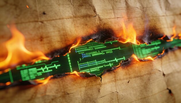Burning aged brown paper revealing neon green code in studio close-up, with flames and embers
