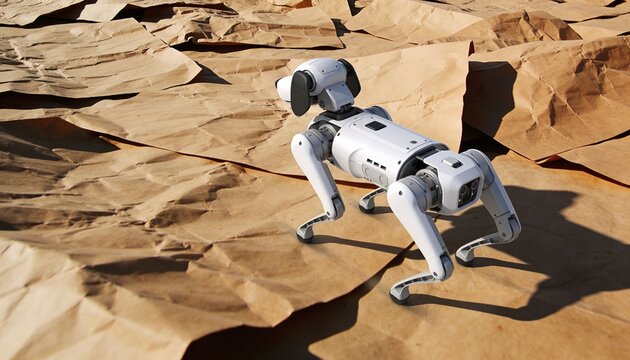 Walking white quadruped robot traversing crumpled kraft paper, showing sensor panels, copy space
