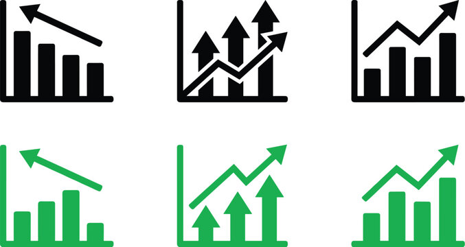 Business growth and decline charts icons set with bar graphs and arrows analytics financial trends flat vector illustration design