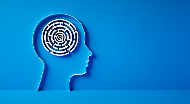 Conceptual artwork showing a 3D silhouette of a head with maze or circular labyrinth, symbolizing mental activity, intelligence, or creativity - 3D illustration on blue background