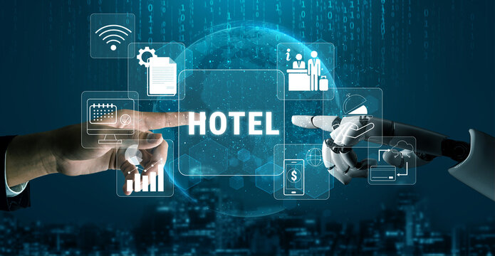 Hands of a Human and a Robot Interacting Over Digital Hotel Technology with Graphs, Icons, and Communication Elements in a Futuristic City Background Quark.