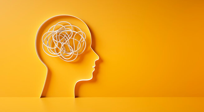 3D silhouette of a head with white tangled rope or cord inside symbolizing mental complexity and confusion on yellow background - 3d illustration