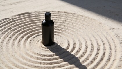Naklejka premium Standing matte black bottle casting long shadow on zen sand garden, with raked rings and highlight