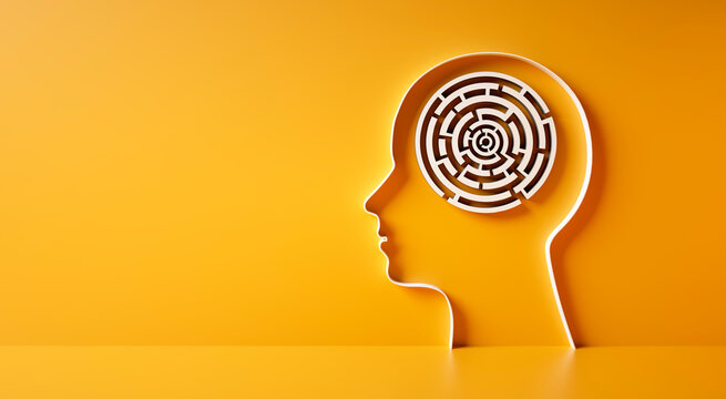 Conceptual artwork showing a 3D silhouette of a head with maze or circular labyrinth, symbolizing mental activity, intelligence, or creativity - 3D illustration on yellow background	
