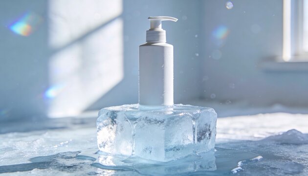 Balancing white pump bottle on clear ice block on wet table, window light creating prism flares