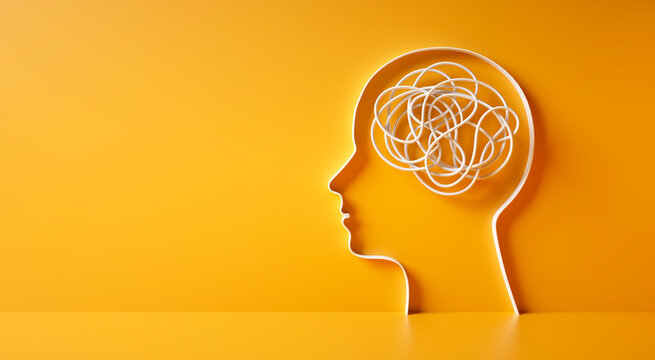 3D silhouette of a head with white tangled rope or cord inside symbolizing mental complexity and confusion on yellow background - 3d illustration