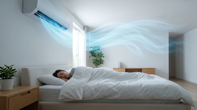 A person sleeping soundly in a comfortable bedroom with air conditioning.